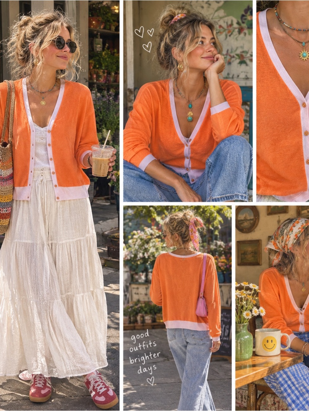 Talbots Orange Cardigan Pink Trim Ribbed Preppy Coquette Fairycore Size L